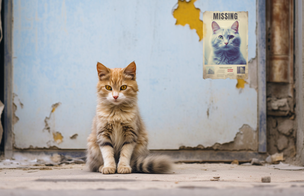 cat siting in front of an old wall with a missing cat poster in background