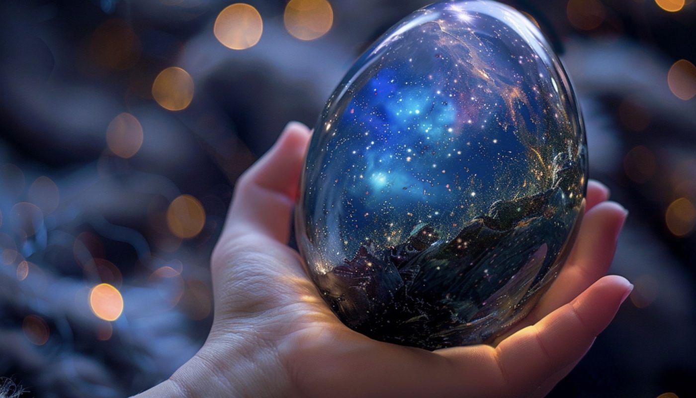 a large egg, with a shell that shimmers in hues of midnight blue and silver, as if the night sky had been captured within it, held in the warmth of a child's hand, colourful magical background